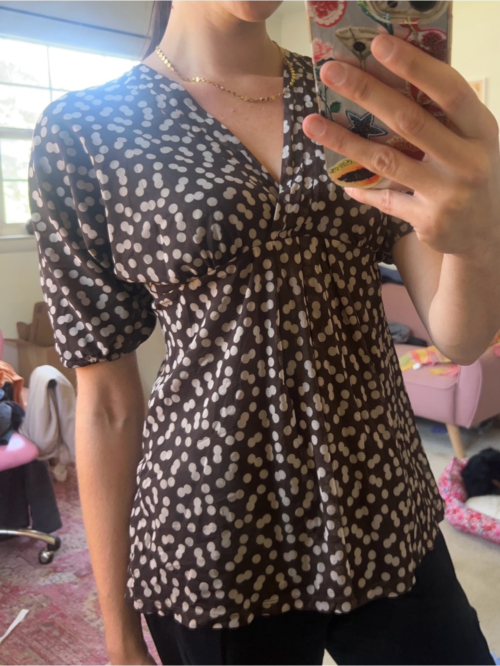 New York & Company Y2K Brown & Cream Polka Dot Empire Waist Top - L